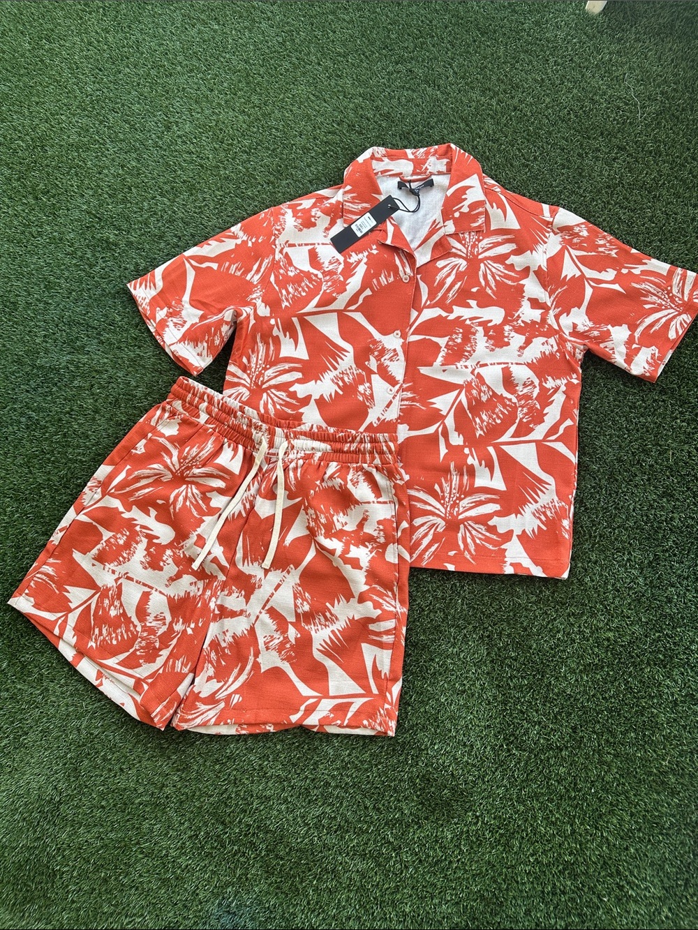 Fashion Nova Orange and Cream Tropical Button-Down Shirt